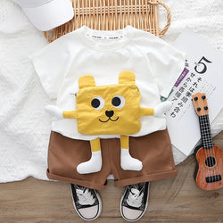 Short Sleeve Pocket Cartoon T-shirt Shorts 2PCS