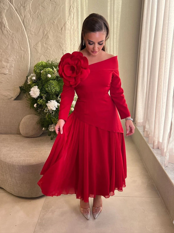 Elegant Vintage Sweet Red Flowers Ruffle Chiffon Dress