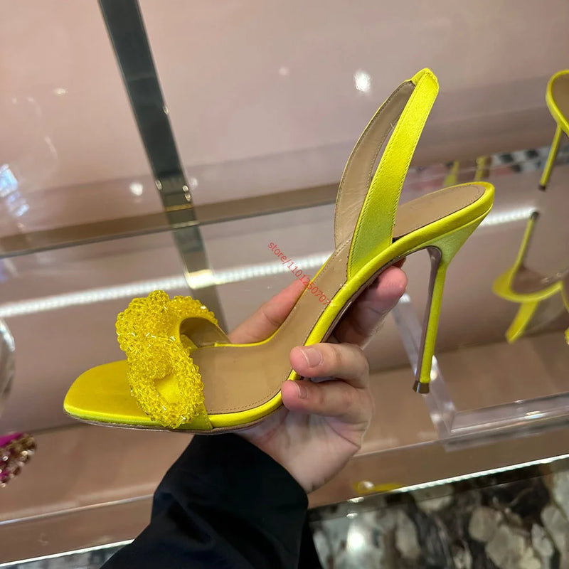 Yellow Satin High Heel Sandals