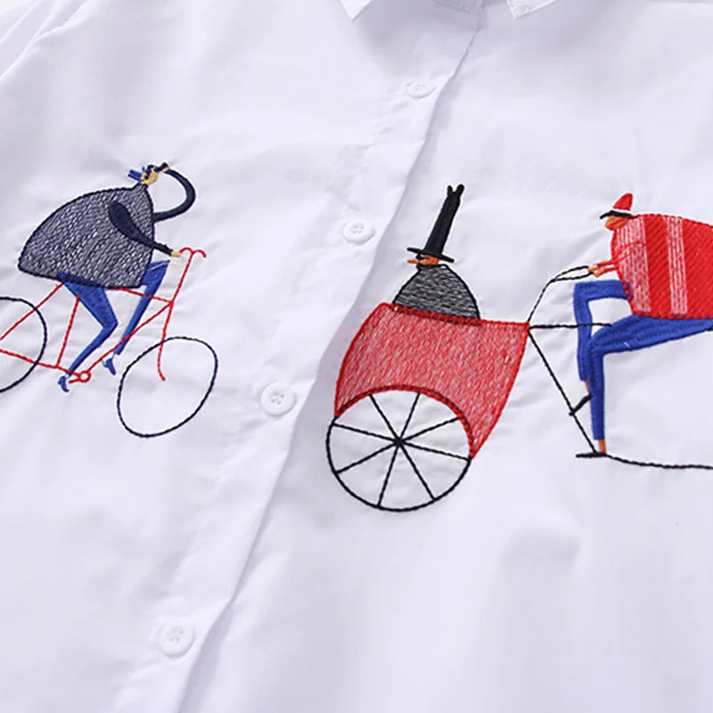 New White Button Long Sleeve Cotton Blouse Embroidery