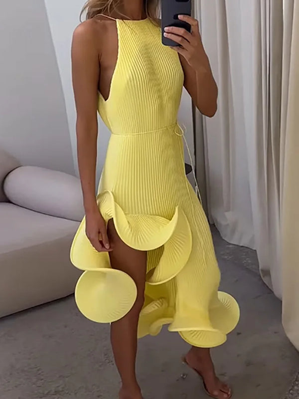 Round Neck Solid Irregular Sleeveless Elegant Dress