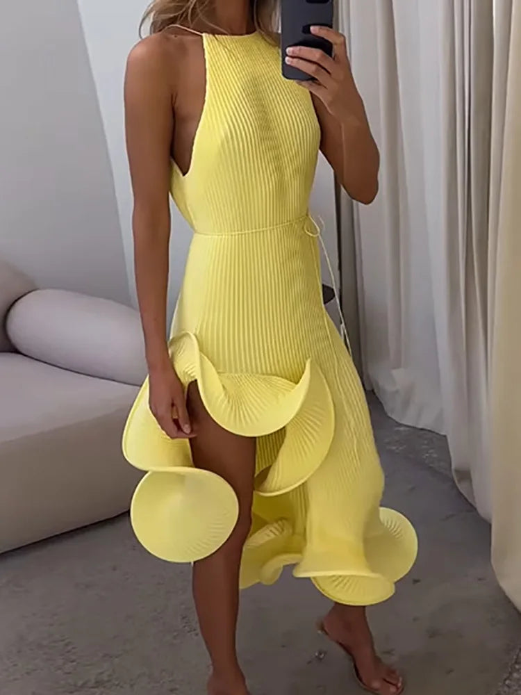 Round Neck Solid Irregular Sleeveless Elegant Dress