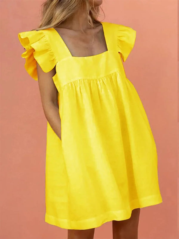 Elegant Butterfly Ruffled Summer Square Collar Pocket Dress