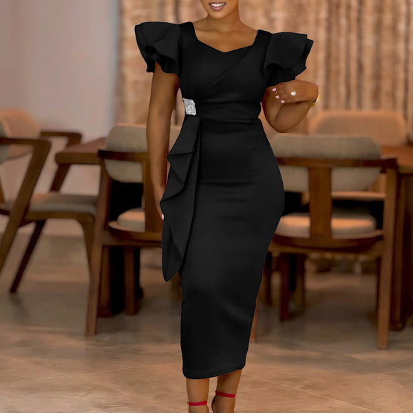 Pencil Elegant Solid Bubble Sleeves Ruffle Slim Dress