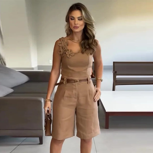 Two Piece Slim Fit Shorts Suit Pockets V Neck Tanks Sleeveless Solid Casual Lady