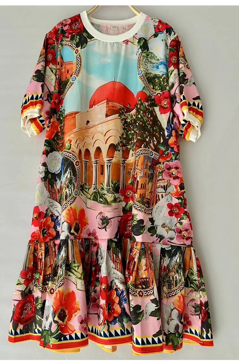 Elegant geometric printing short sleeve loose dress