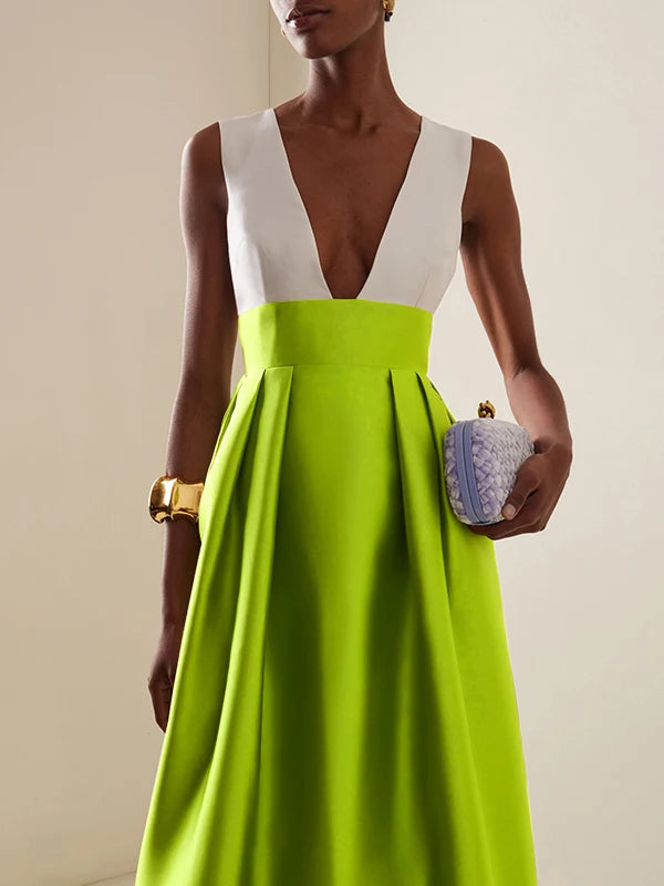 Elegant Cocktail High Waisted Deep V-Neck Dress