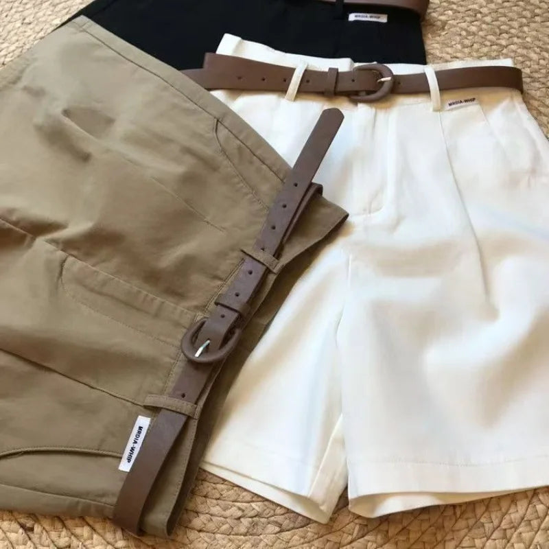 Chic Office Lady's Shorts With Belt Straight Leg