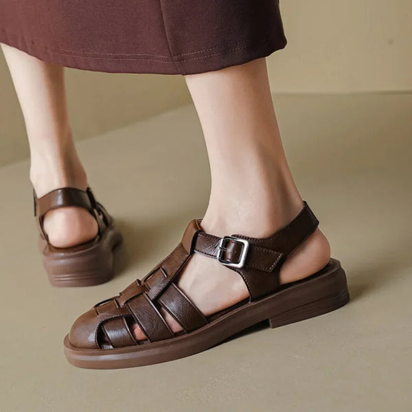 Leather Retro T-strap Woven Cutout Buckle Sandal Shoes