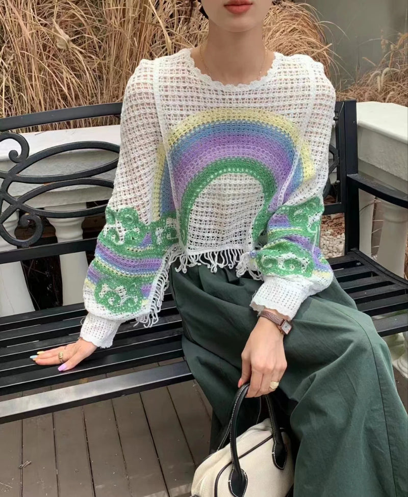 Embroidery Rainbow Crochet Top Sheer Openwork Pullover