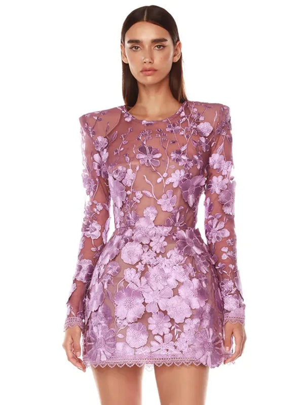 Purple Flower Embroidered O Neck Log Sleeves High Waist Floral Dress