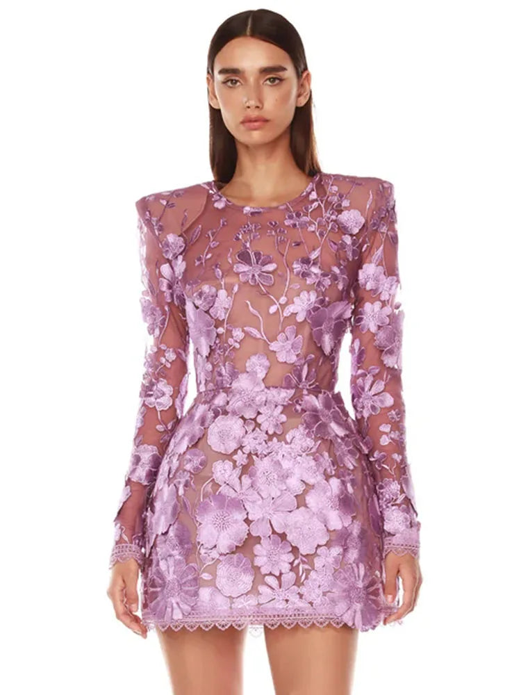 Purple Flower Embroidered O Neck Log Sleeves High Waist Floral Dress