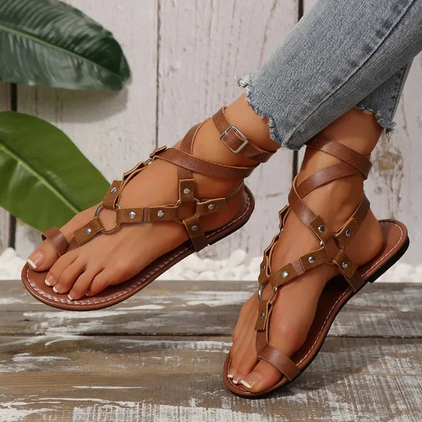 Rivet Buckle Strap Flat with Ankle-wrap Sandals