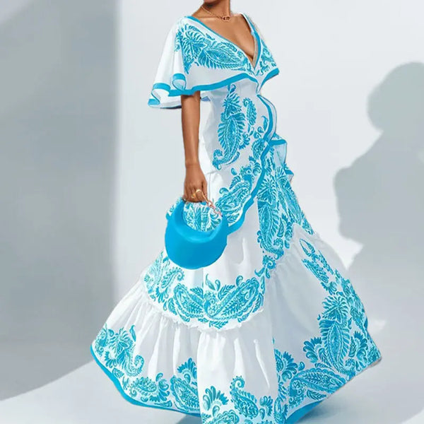 Elegant Deep V-neck Ruffle Bohemian Dresses