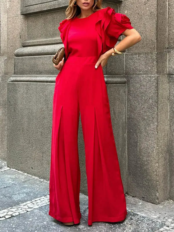 Elegant Red Romper Short Sleeves Wide Leg