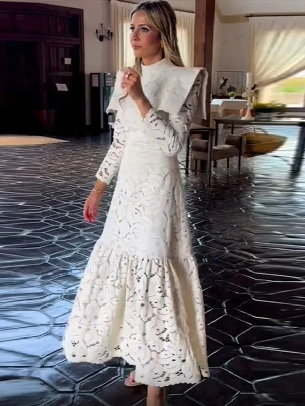 Elegant Lace High Collar Long Sleeve Slim Solid Dress