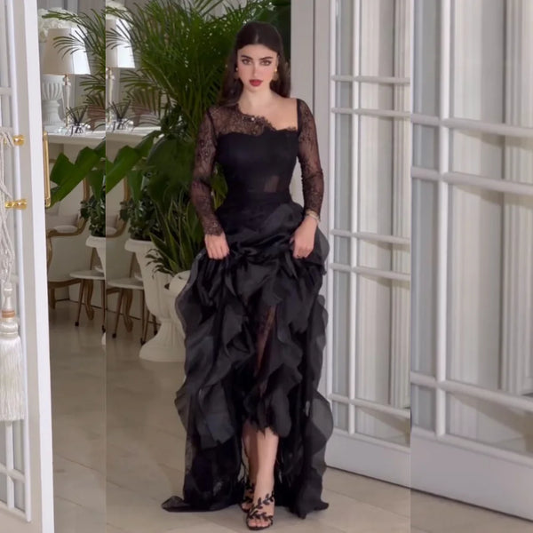 Elegant Organza Ruffle Lace Neck A-line Long Dress