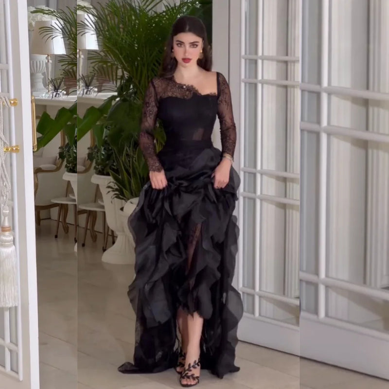 Elegant Organza Ruffle Lace Neck A-line Long Dress