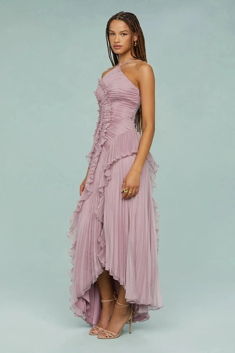Elegant Neck Strap Ruffles A Line Lace Up Backless Dress