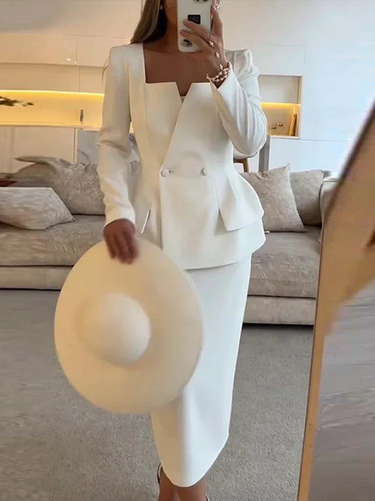 Elegant Blazer Breasted Square Collar Jacket And Midi Skirt