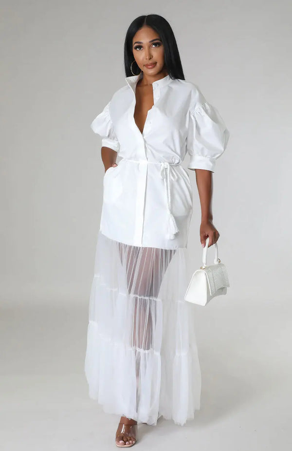 Elegant White Lace Shirt Short Sleeve Lace-up Pocket Lace Long Dress