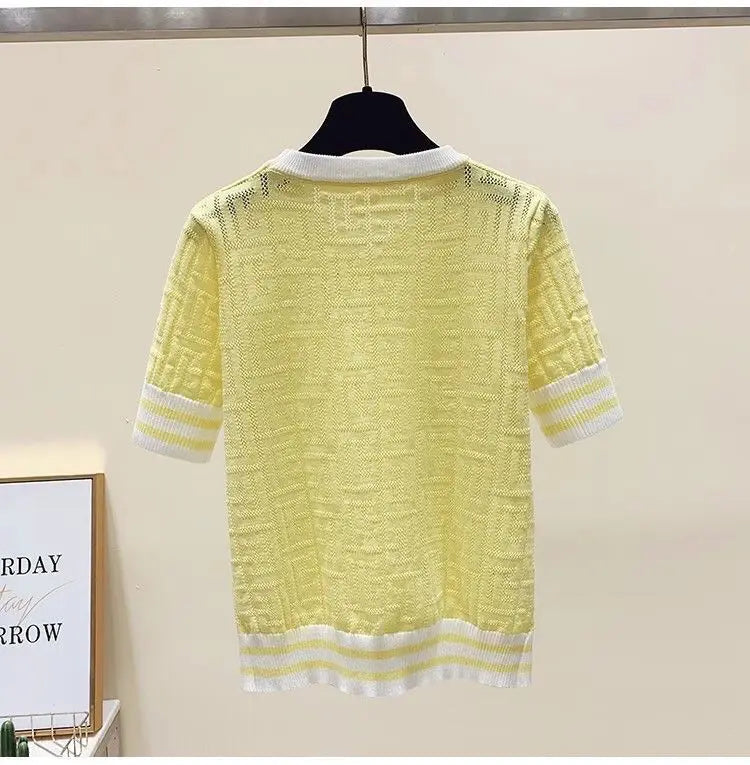 Short Sleeve Knitting Geometric Thin O-neck Pullover Top Tee