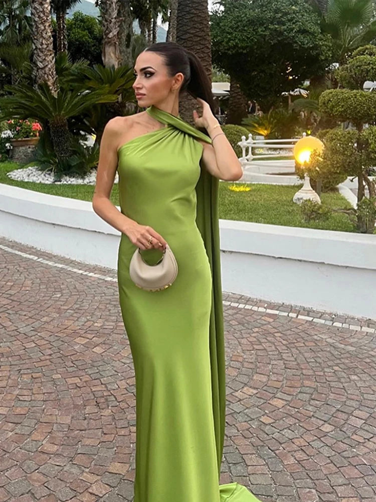 Elegant Solid Ribbon Off Shoulder Sleeveless Backless Slim Dress