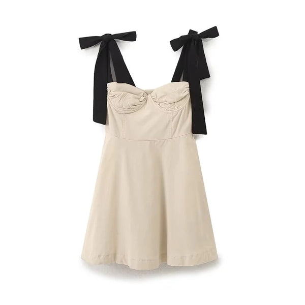Contrast Bow Sling Mini Dress Sexy Backless Sleeveless A-line