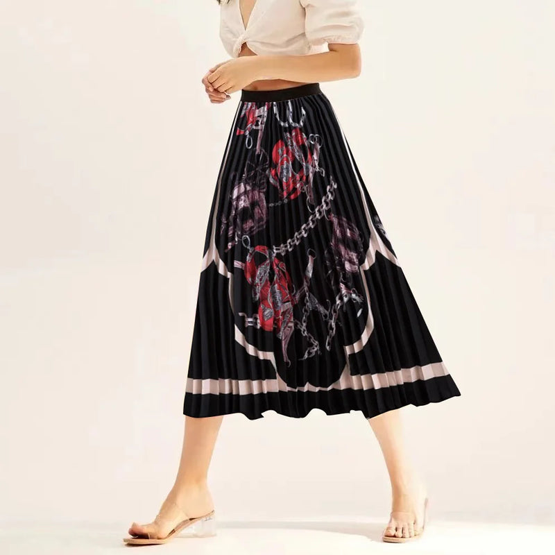 Printed elastic mid length A-line pressed pleated skirt