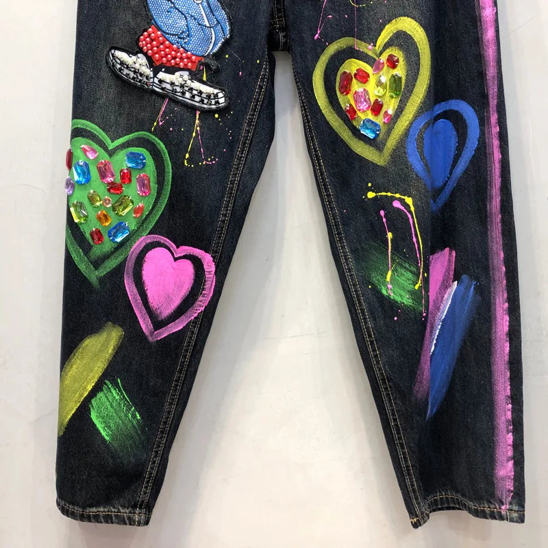 Fashion Graffiti Cartoon Beading Women Jeans