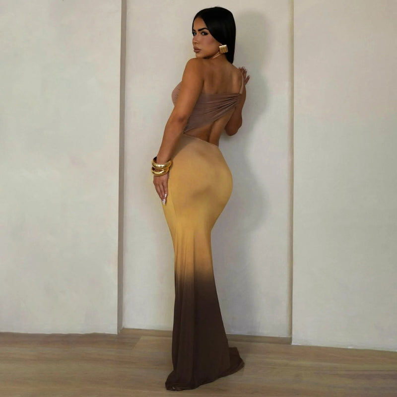 Draped Front One Shoulder Cutout Waist Bodycon Long Dress