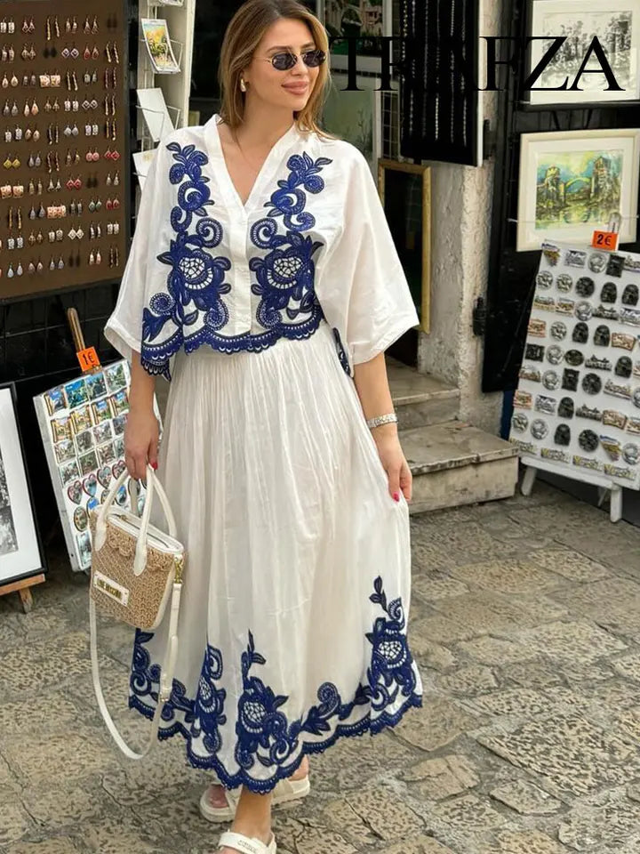 TRAFZA 2-piece Set of Blue Embroidered Single-breasted Loose Shirt + Chic High-waisted Loose Pleated Street Skirt Suit