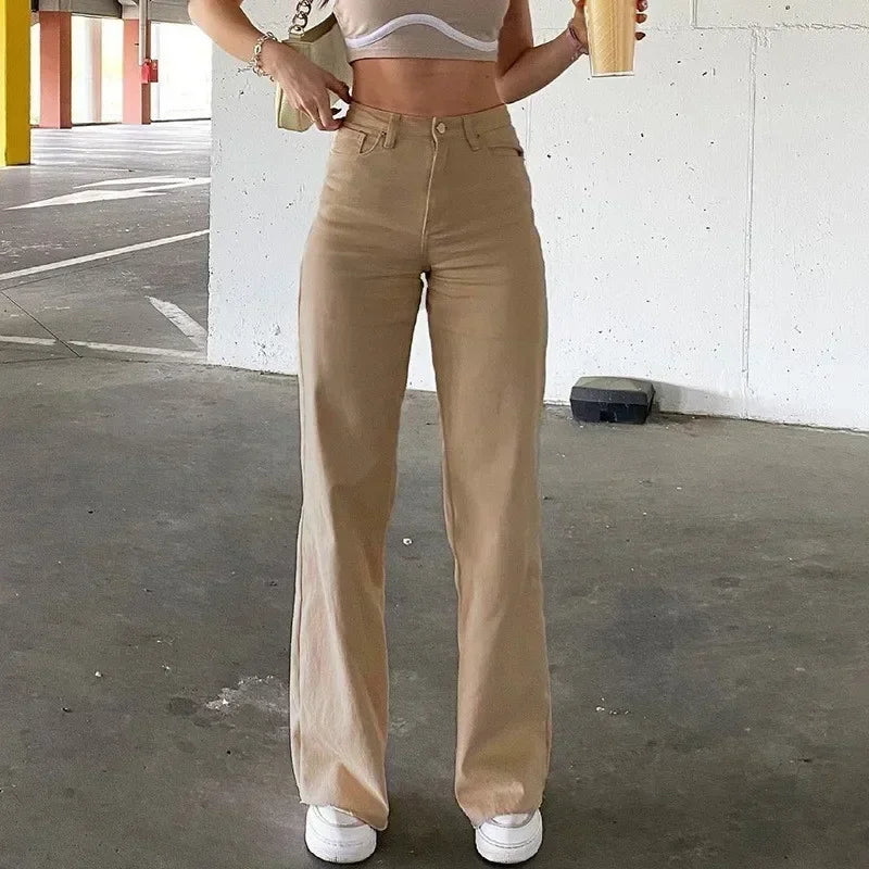 Straight Elegant Splice Button High Waist Trousers