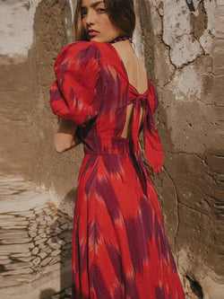 Summer Chic Print Short Puff Sleeves Split Long Dress