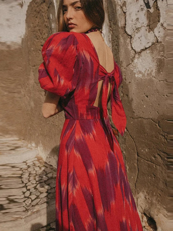 Summer Chic Print Short Puff Sleeves Split Long Dress