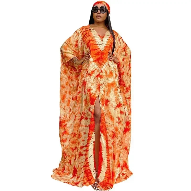 African Retro Long Robe Printed Large Hem with Headscarf