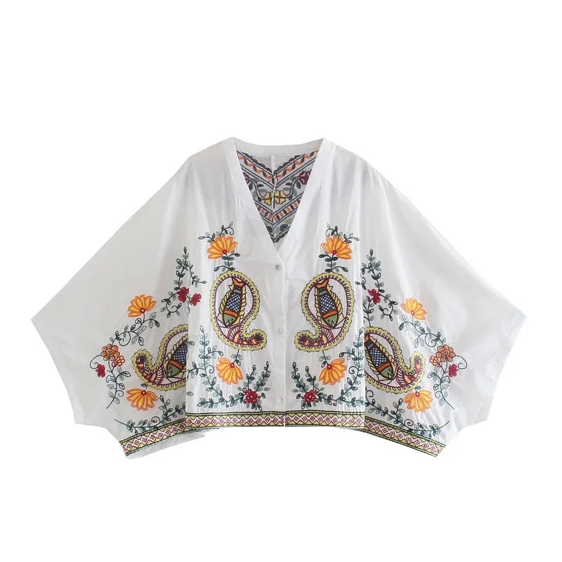 Batwing Sleeve Embriodery Paisley Print Skirt V Neck Vintage Set