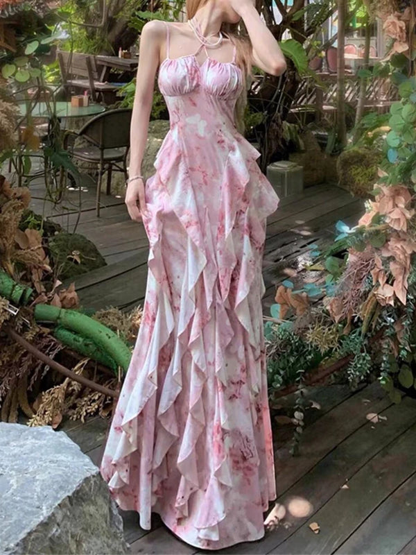 Summer Elegant Sleeveless Strap Chic Backless Floral Dress