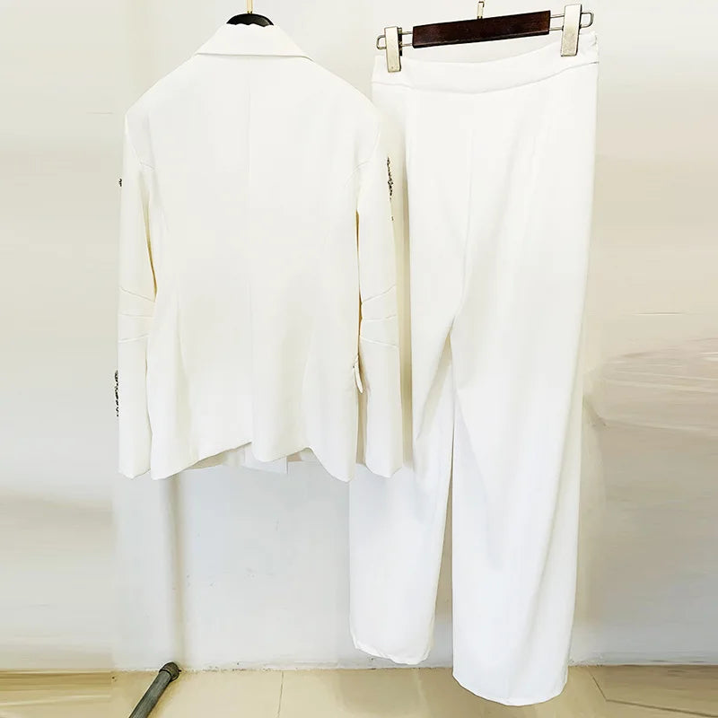 White Blazers Beaded Wide Leg Pants Set