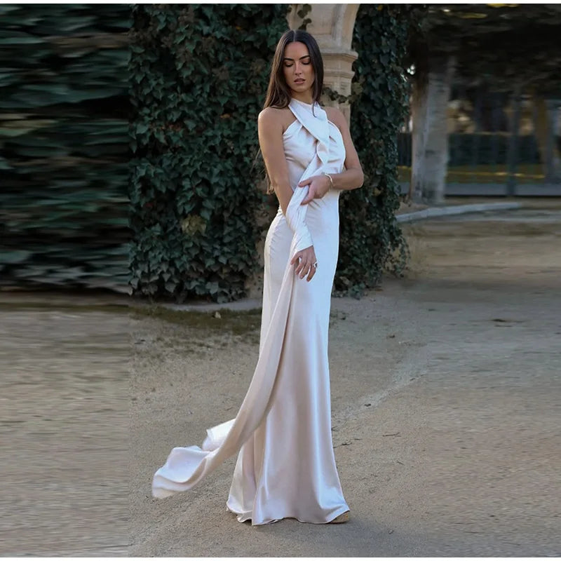 Elegant Solid Ribbon Off Shoulder Sleeveless Backless Slim Dress
