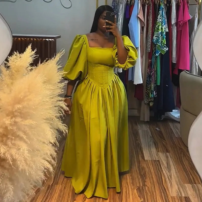 Square Neck Puff Sleeve Backless Bandage A-Line Long Dress
