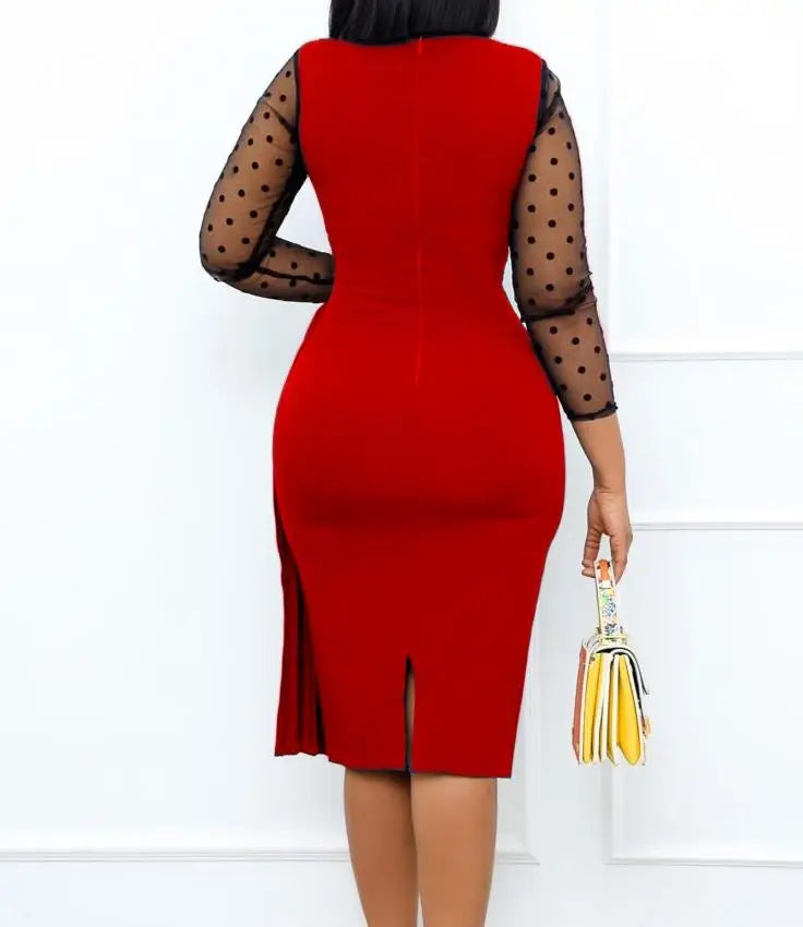 Spliced Long Sleeve Slim Fit Wrap Hip Split Elegant Dress