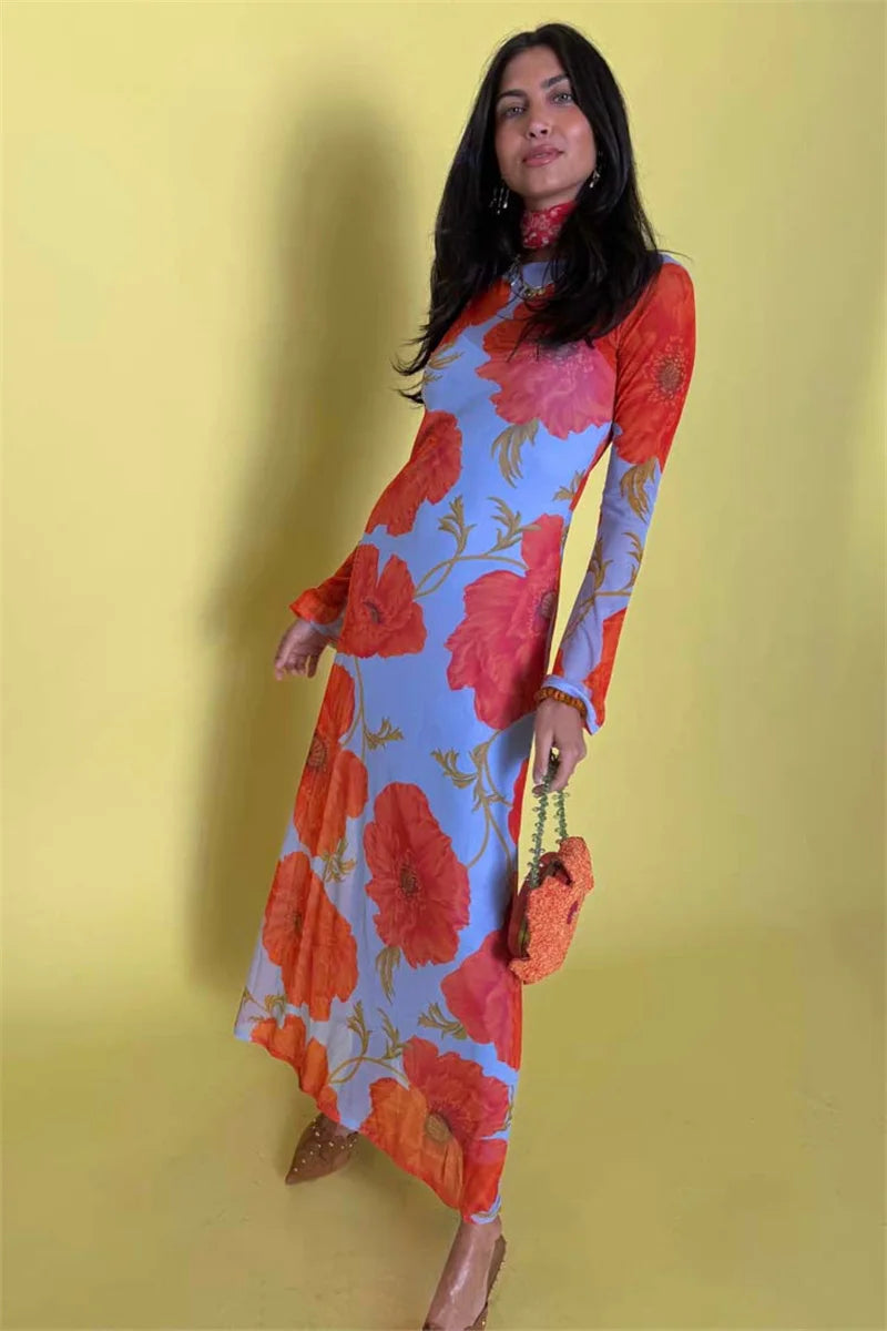 Elegant O Neck Fashion Long Sleeve Slim Patchwork Long Dress