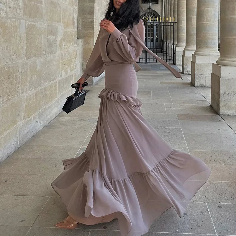 Chiffon Long Sleeved Autumn Skirt Outfit Unique Ruffle Top Party 2pc Set