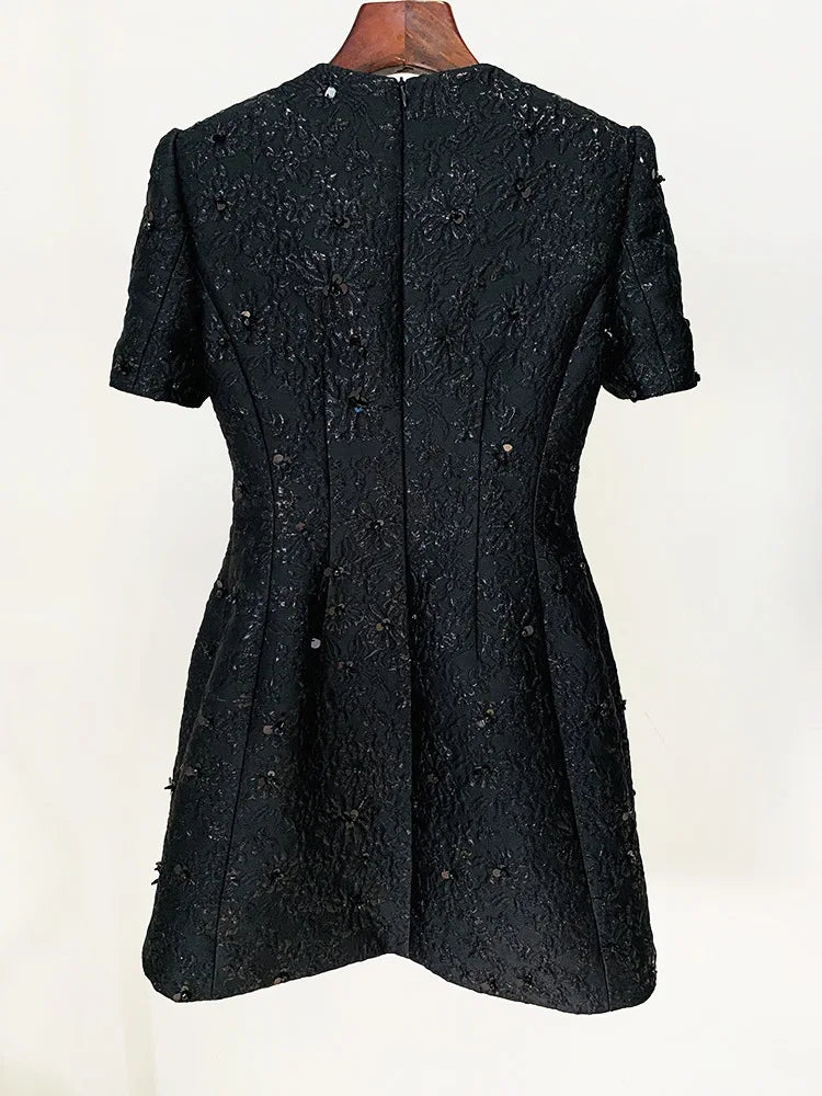 Beaded Floral Jacquard Trimmed Dress