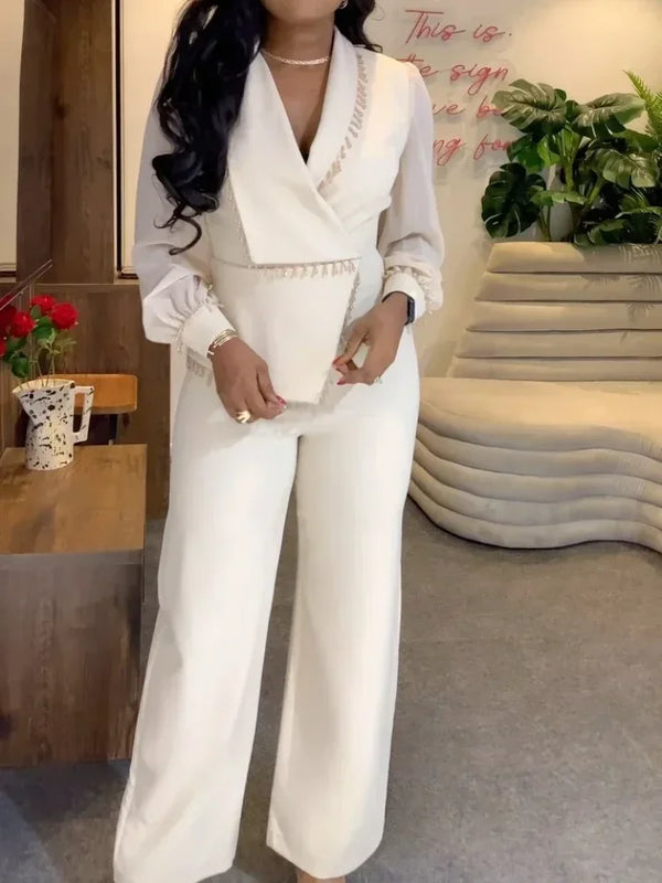 AOMEI Elegant Polo Bubble Sleeve Loose Wide Leg Pants