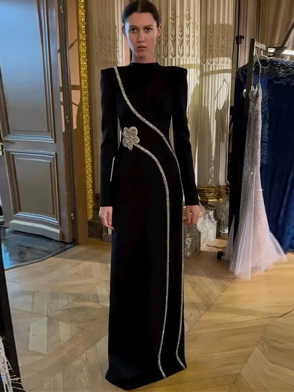 Long Sleeve Diamonds Beading Long Maxi Dress