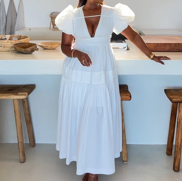 V-neck bubble sleeves pleated mid length long dress