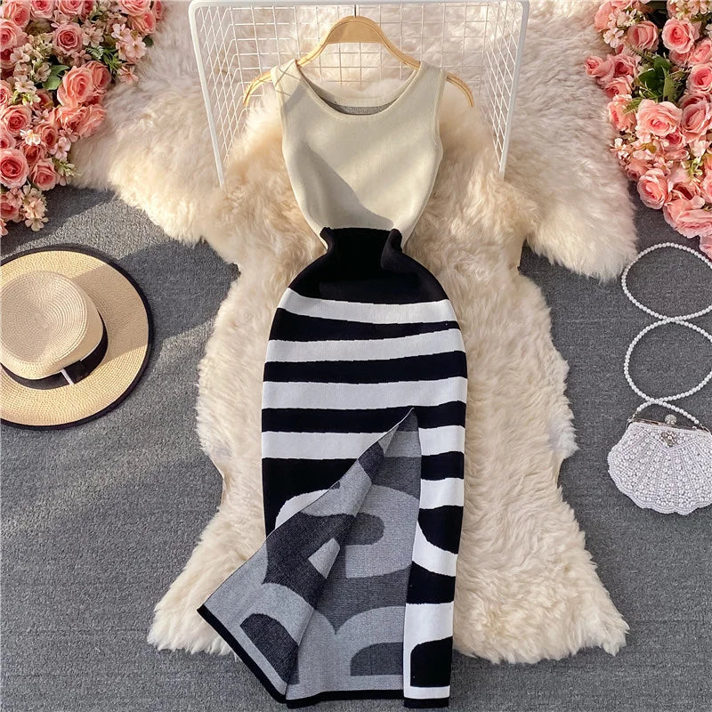 Elegant Vintage Striped Knitting Dress