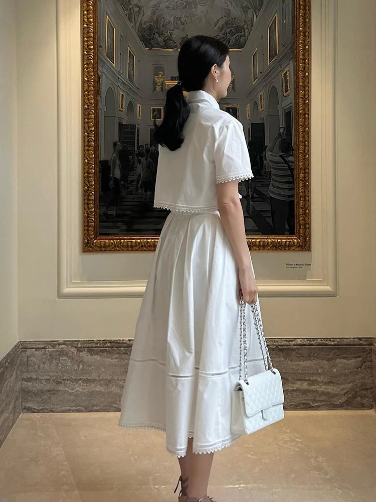 Elegant Lapel Short Sleeve Top High Waist A Line Pleated Skirt